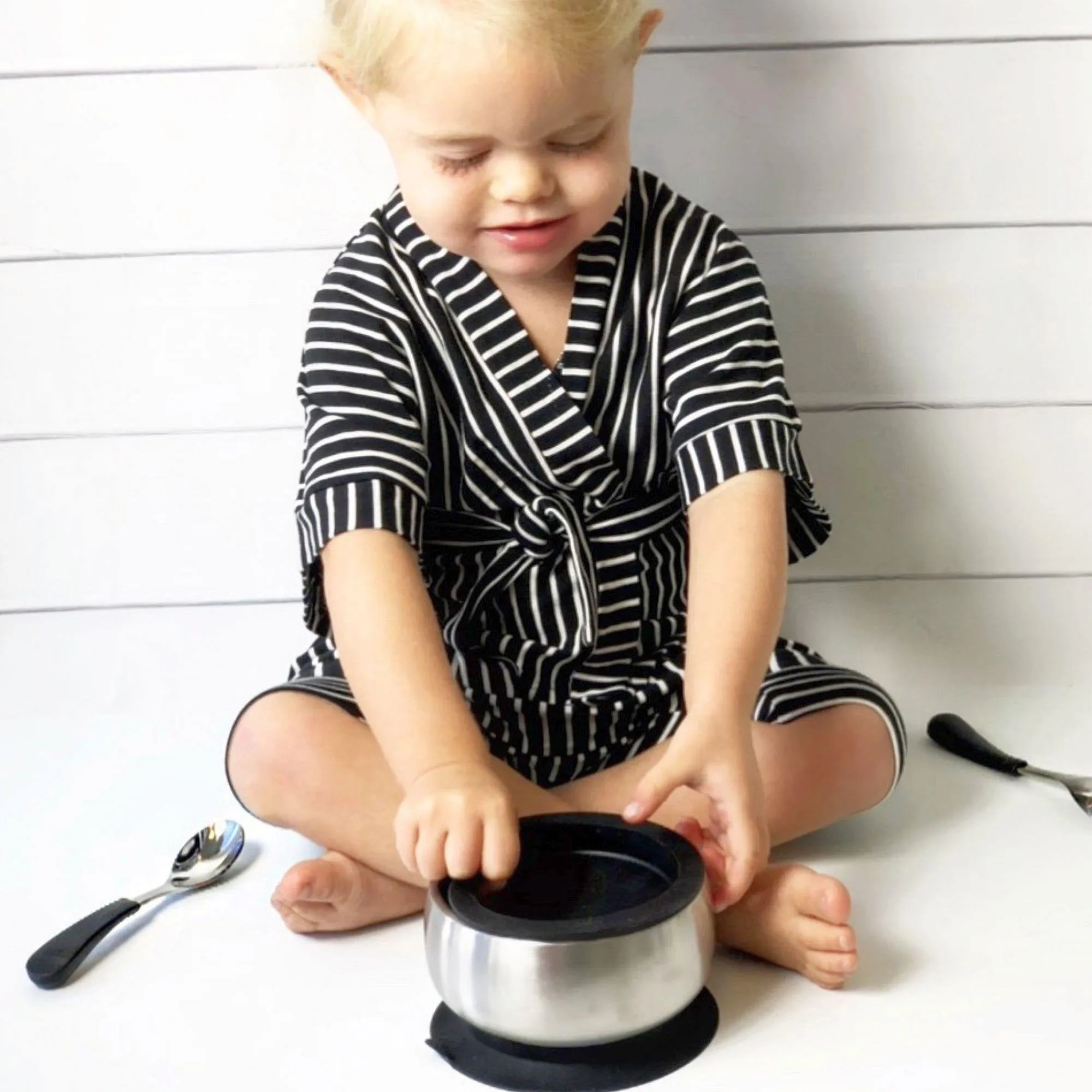 Avanchy Stainless Steel Baby Bowl With Spoon Combo   Air Tight Lid - Black
