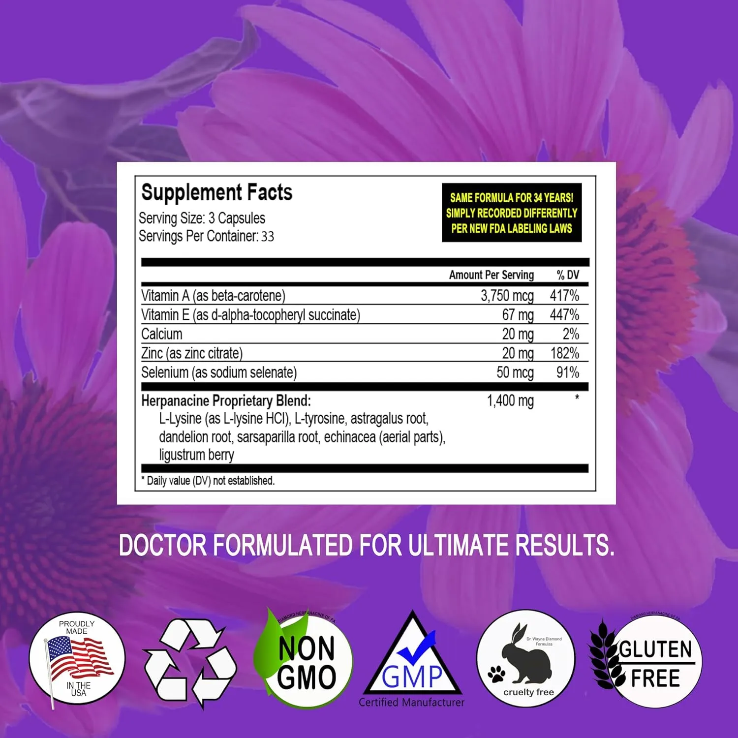 Diamond Herpanacine, Natural Skin Care and Immune Support - Vitamins to Help Clear Skin - Complete Skin and Immune System Support from the Inside Out - Made with Natural Ingredients - (100 Count)