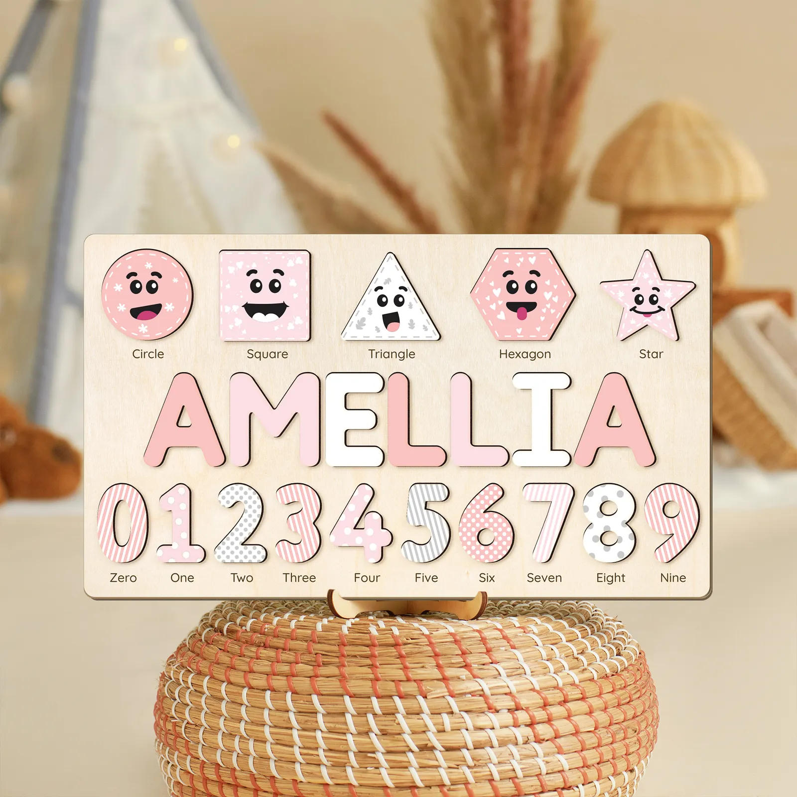 Personalized Wooden Shaped & Numbers Name Puzzle, Gifts For 1 2 3 Year Old, Wooden Name Puzzle For Kids, Montessori Toys | Kindly Toys NP20