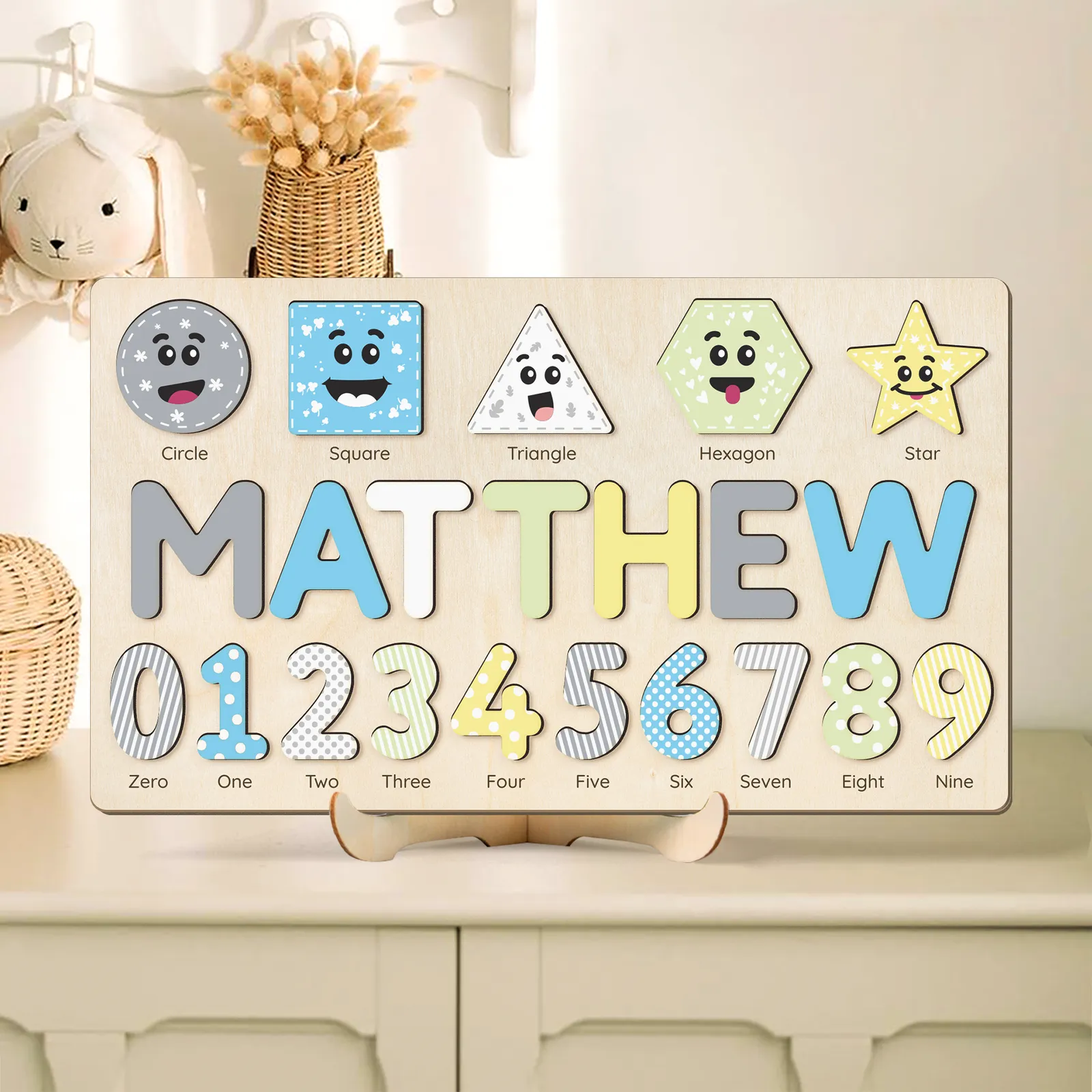 Personalized Wooden Shaped & Numbers Name Puzzle, Gifts For 1 2 3 Year Old, Wooden Name Puzzle For Kids, Montessori Toys | Kindly Toys NP20